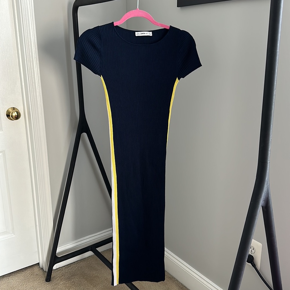 Zara Navy Blue Ribbed Stripe Midi Dress Sz Small